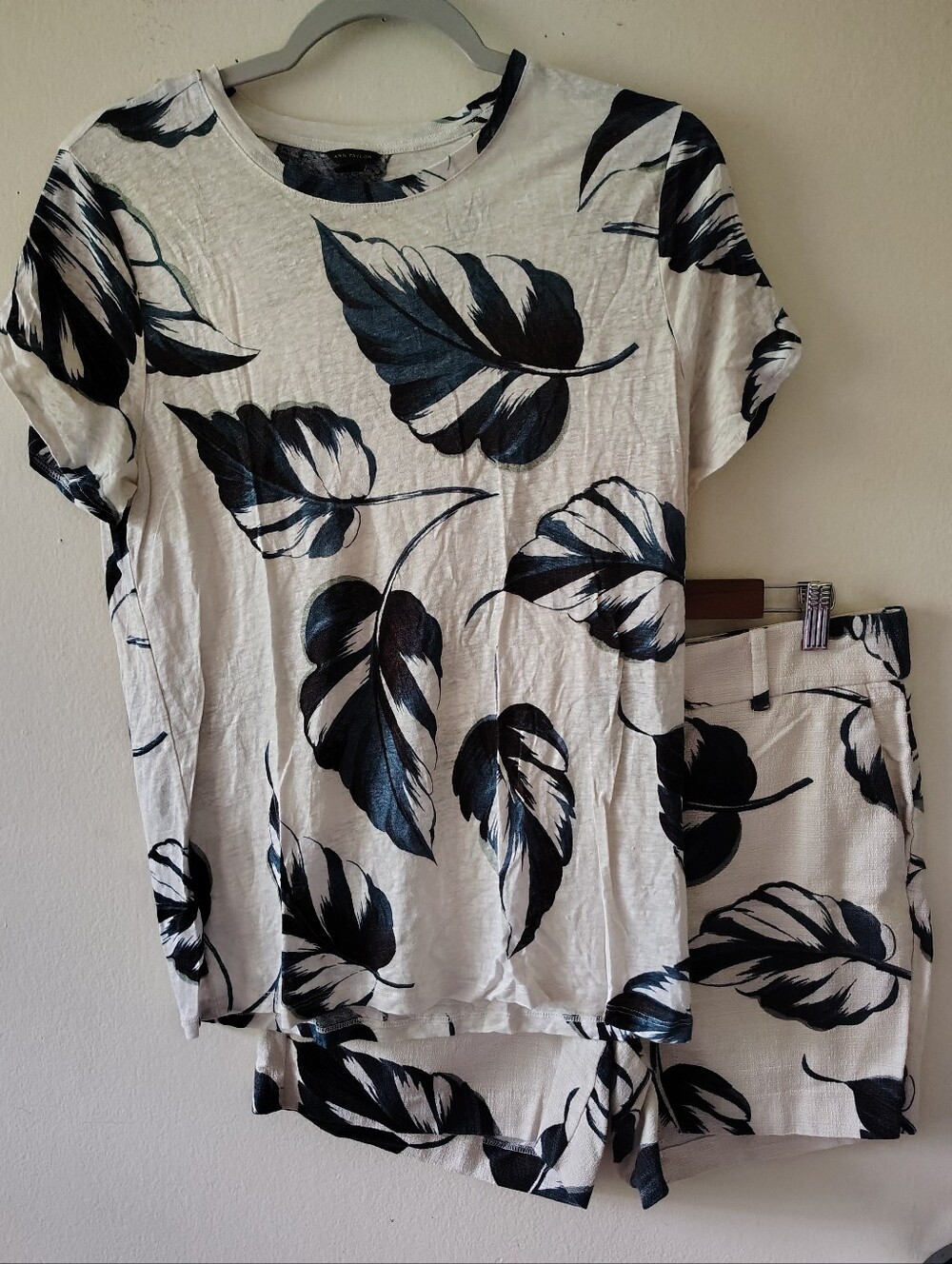 Ann Taylor Linen Cotton Top & Shorts Set Large Tropical Vacation Casual Boho